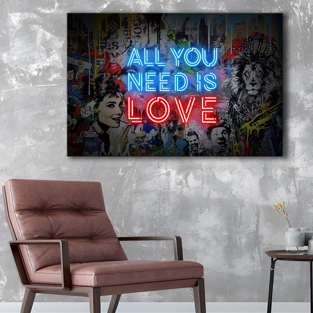 All You Need Is Love Art Print, Canvas Print Wall Art, Wall Decor, Neon Effect Art