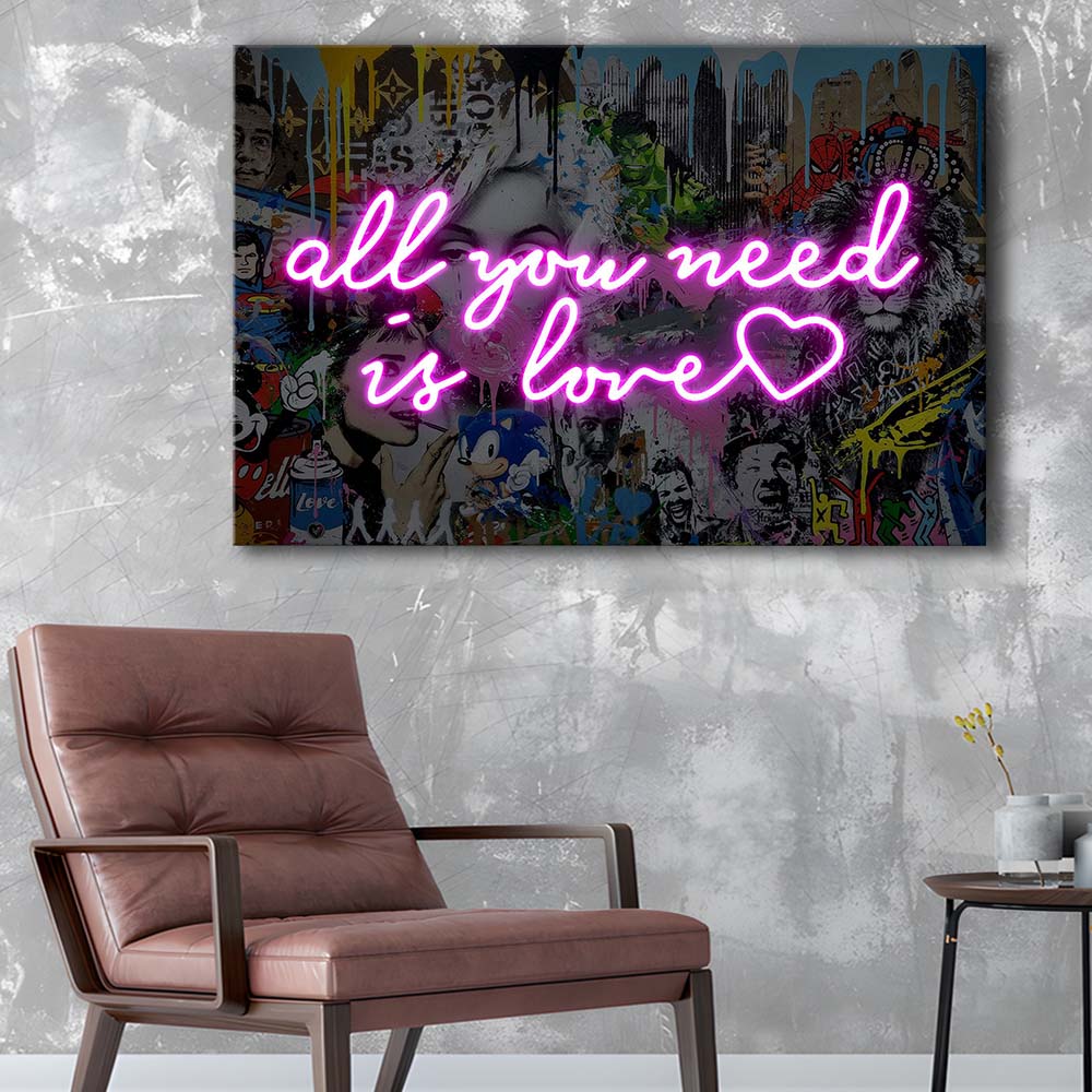 All You Need Is Love Graffiti Art Print, Canvas Print Wall Art, Wall Decor, Neon Effect Art
