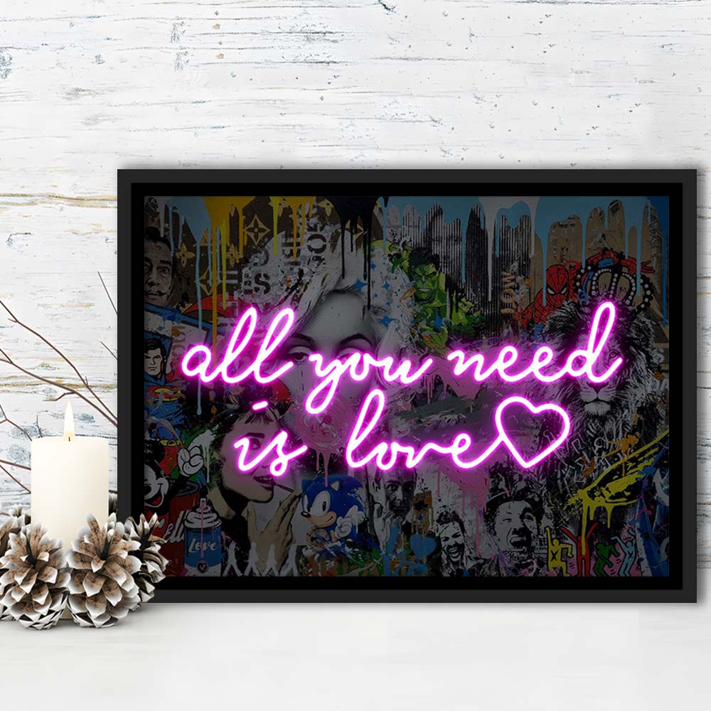 All You Need Is Love Graffiti Art Print, Framed Canvas Print Wall Art Decor, Floating Frame, Neon Effect Art