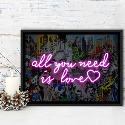 All You Need Is Love Graffiti Art Print, Framed Canvas Print Wall Art Decor, Floating Frame, Neon Effect Art