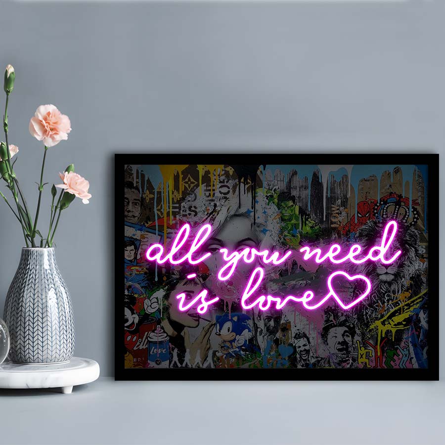 All You Need Is Love Graffiti Art Print, Framed Art Print Wall Decor, Neon Art Print, Picture Framed