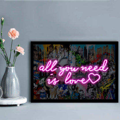 All You Need Is Love Graffiti Art Print, Framed Art Print Wall Decor, Neon Art Print, Picture Framed