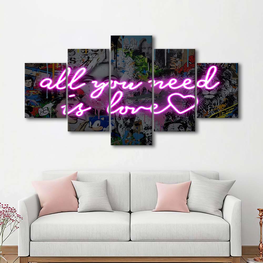 All You Need Is Love Graffiti Art Print, 5 Panel Mixed Canvas Print Wall Art, Home Decor, Neon Canvas
