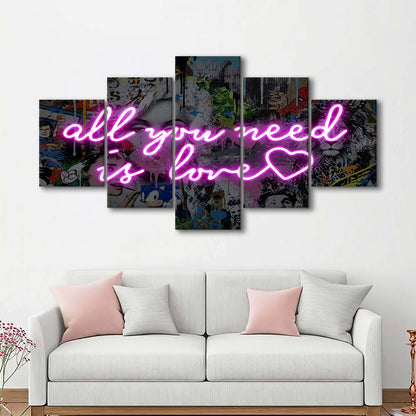 All You Need Is Love Graffiti Art Print, 5 Panel Mixed Canvas Print Wall Art, Home Decor, Neon Canvas