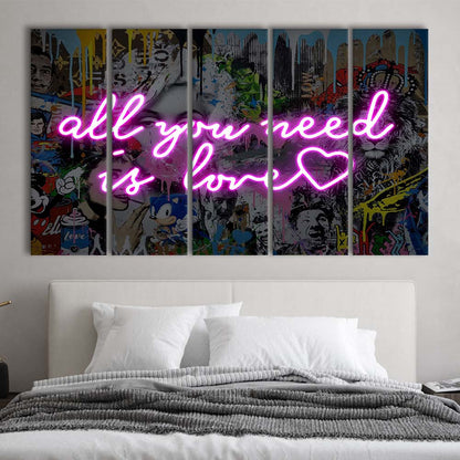 All You Need Is Love Graffiti Art Print, Extra Large 5 Panels Multi Canvas Print Wall Art, Home Decor
