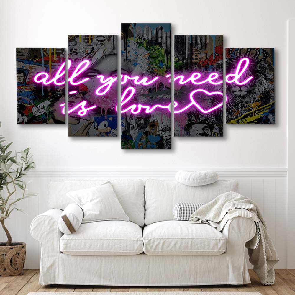 All You Need Is Love Graffiti Art Print, 5 Panel Mixed Canvas Print Wall Art, Home Decor, Neon Canvas