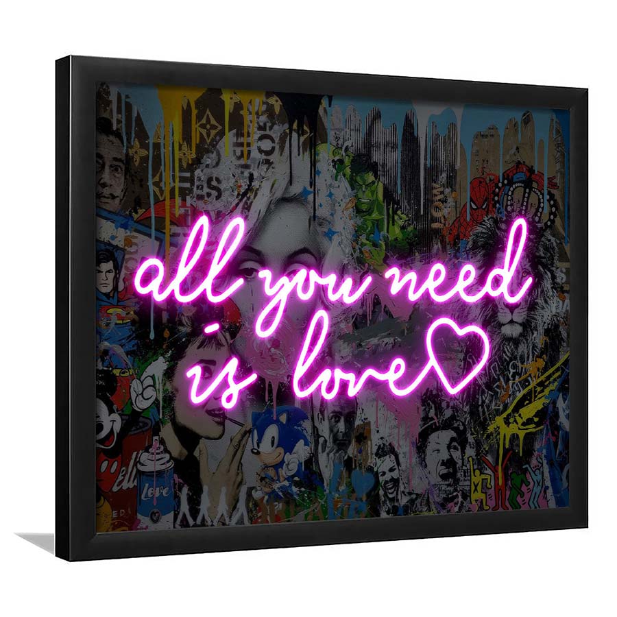 All You Need Is Love Graffiti Art Print, Framed Art Print Wall Decor, Neon Art Print, Picture Framed