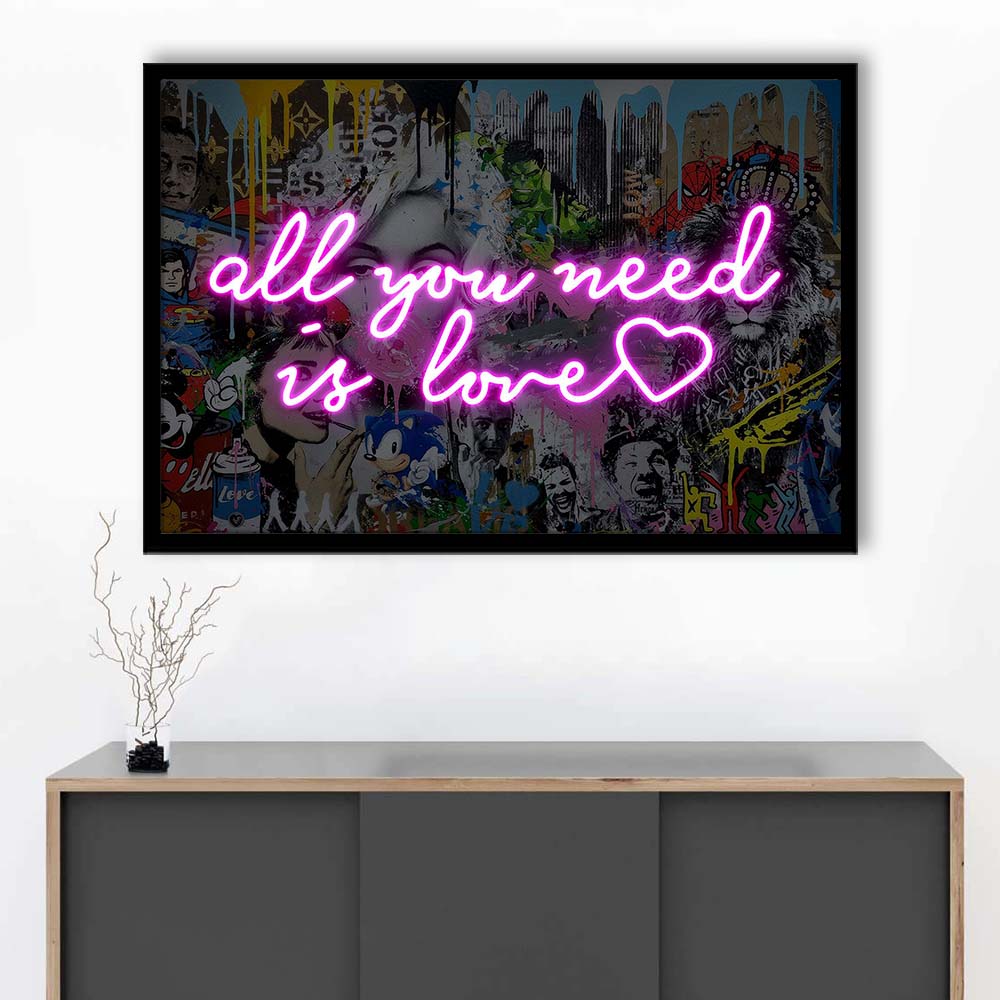 All You Need Is Love Graffiti Art Print, Framed Art Print Wall Decor, Neon Art Print, Picture Framed