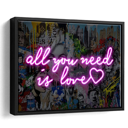 All You Need Is Love Graffiti Art Print, Framed Canvas Print Wall Art Decor, Floating Frame, Neon Effect Art