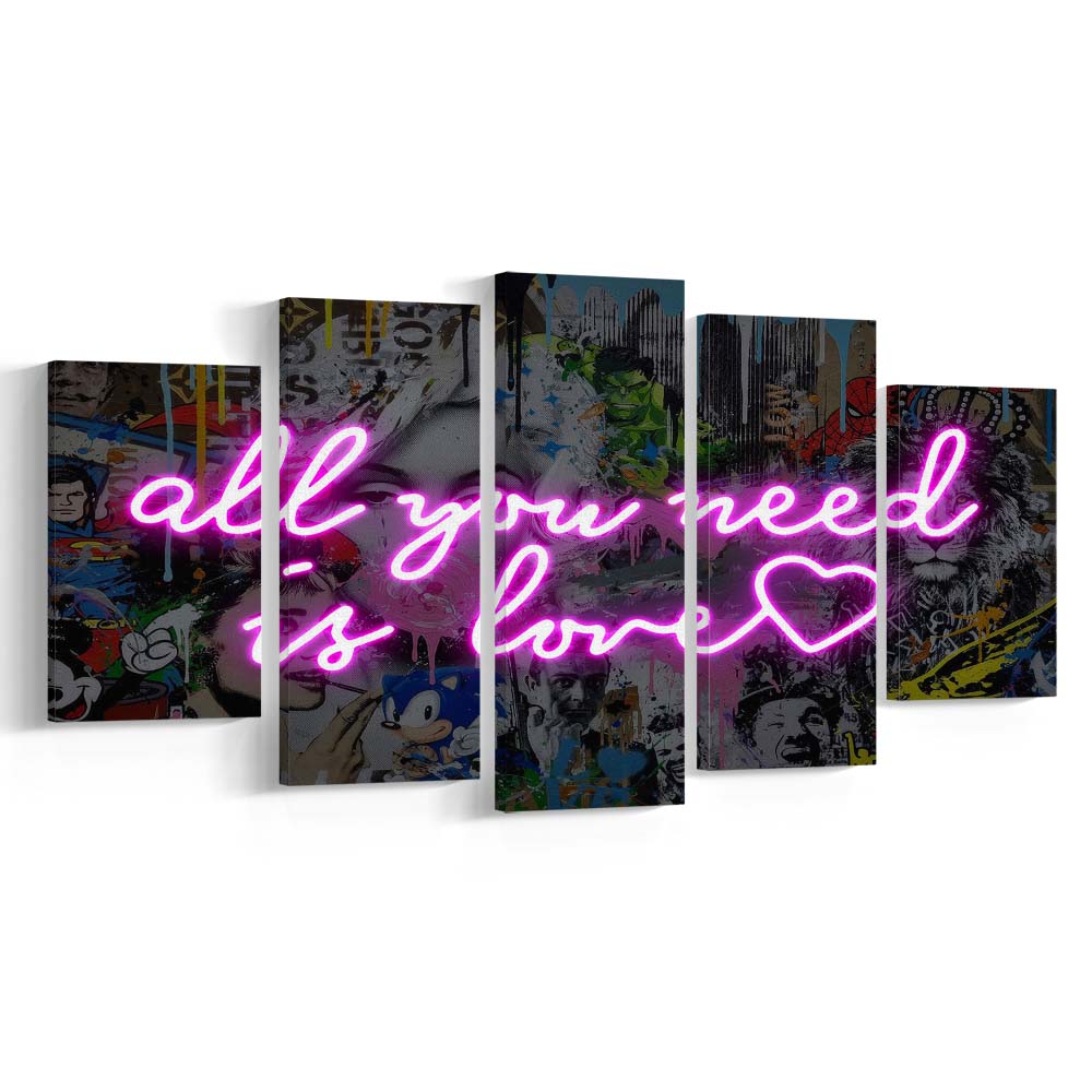 All You Need Is Love Graffiti Art Print, 5 Panel Mixed Canvas Print Wall Art, Home Decor, Neon Canvas