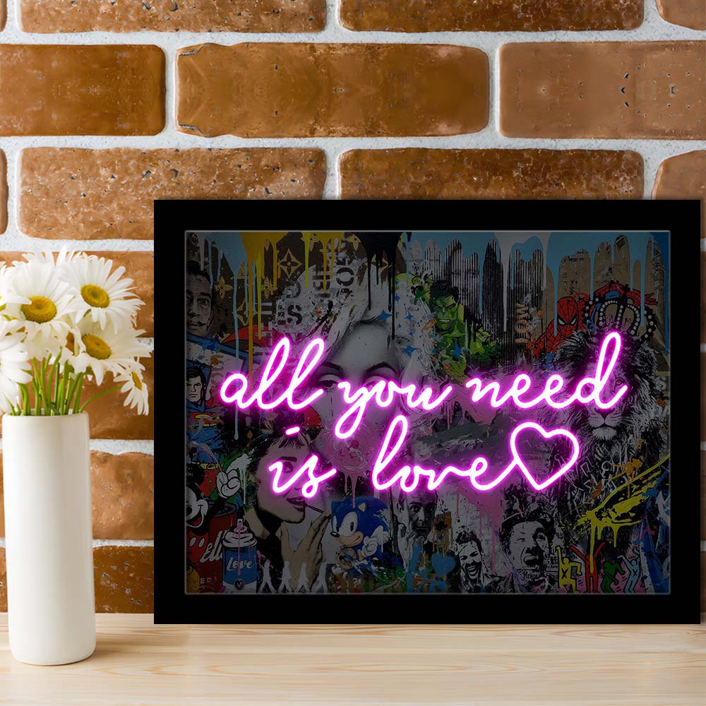 All You Need Is Love Graffiti Art Print, Framed Art Print Wall Decor, Neon Art Print, Picture Framed