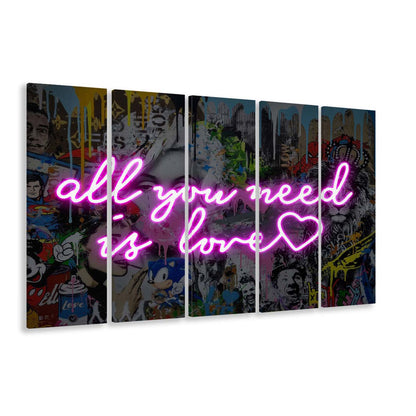 All You Need Is Love Graffiti Art Print, Extra Large 5 Panels Multi Canvas Print Wall Art, Home Decor