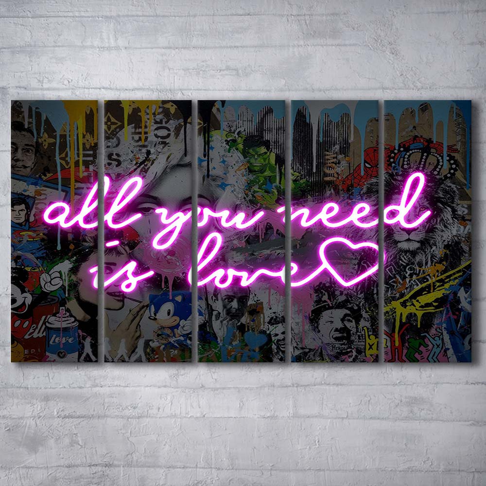 All You Need Is Love Graffiti Art Print, Extra Large 5 Panels Multi Canvas Print Wall Art, Home Decor