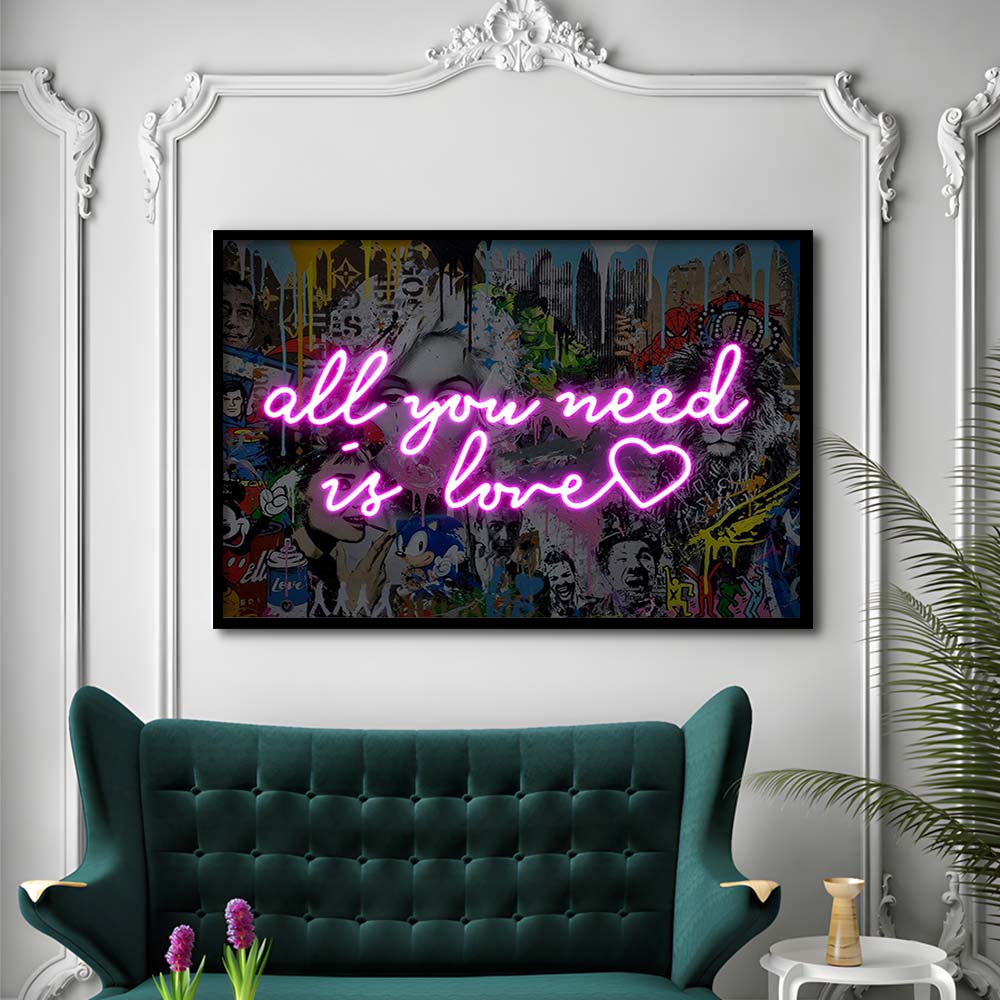 All You Need Is Love Graffiti Art Print, Framed Art Print Wall Decor, Neon Art Print, Picture Framed