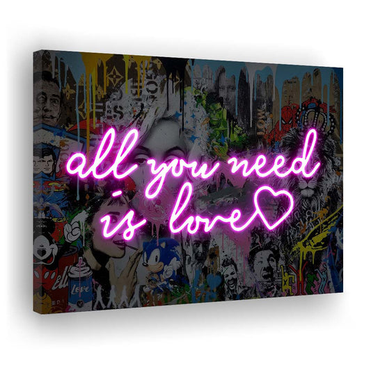 All You Need Is Love Graffiti Art Print, Canvas Print Wall Art, Wall Decor, Neon Effect Art