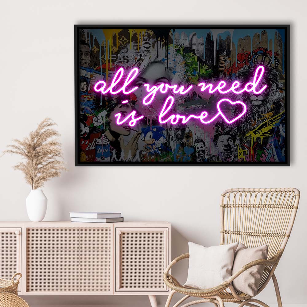 All You Need Is Love Graffiti Art Print, Framed Canvas Print Wall Art Decor, Floating Frame, Neon Effect Art