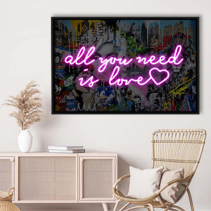 All You Need Is Love Graffiti Art Print, Framed Canvas Print Wall Art Decor, Floating Frame, Neon Effect Art