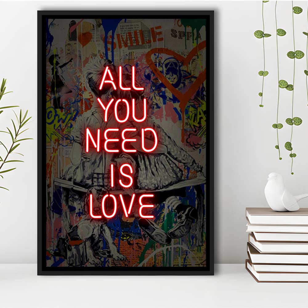 All You Need Is Love Neon Sign Effects, Framed Canvas Print, Floating Frame, Luxury Wall Art Decor