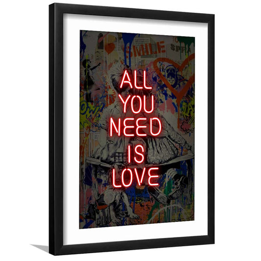 All You Need Is Love Neon Sign Effects, Framed Art Print, Luxury Pictures Framed, White Border