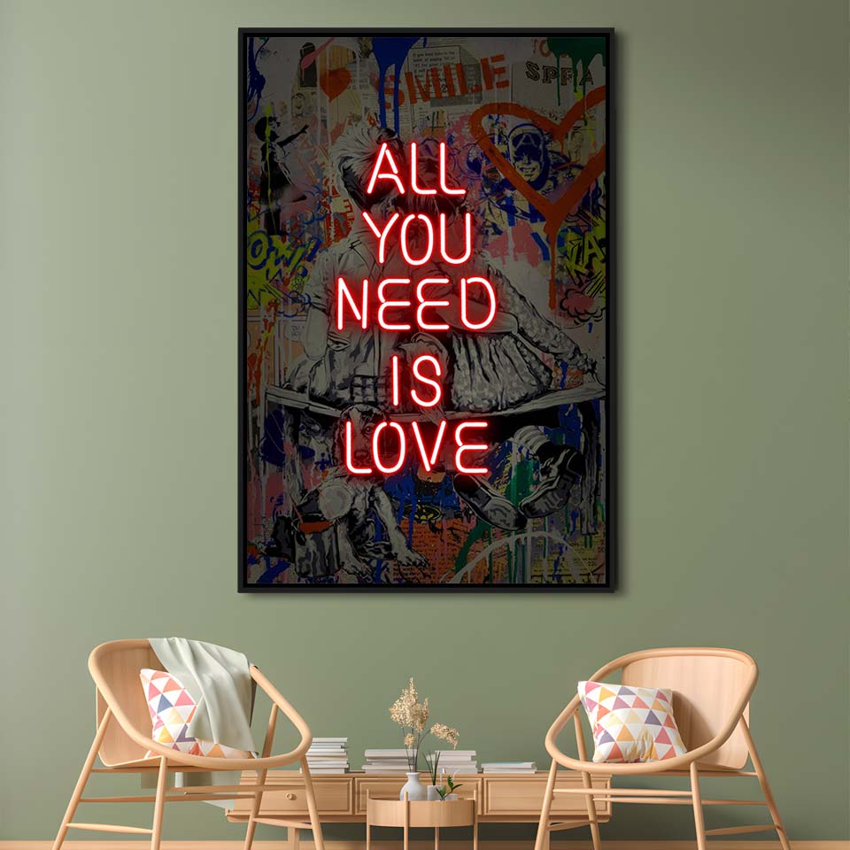 All You Need Is Love Neon Sign Effects, Framed Canvas Print, Floating Frame, Luxury Wall Art Decor