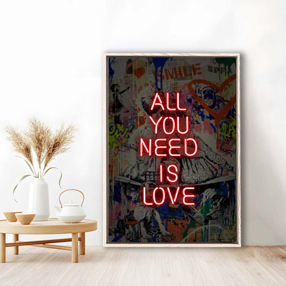 All You Need Is Love Neon Sign Effects, Framed Canvas Print, Floating Frame, Luxury Wall Art Decor