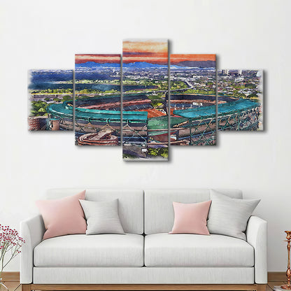 Aloha Painting Stadium Watercolor, Halawa Hawaii Watercolor Art Decor, Sport Art, Mixed 5 Panel, Canvas Print Wall Art