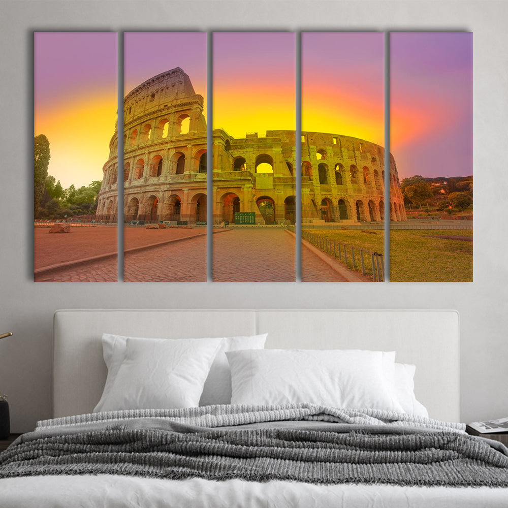 Amazing Sunrise at Rome Colosseum, Stadium Canvas, Sport Art, 5 Panel B, Extra Large Canvas, Canvas Print Wall Art