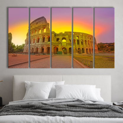 Amazing Sunrise at Rome Colosseum, Stadium Canvas, Sport Art, 5 Panel B, Extra Large Canvas, Canvas Print Wall Art