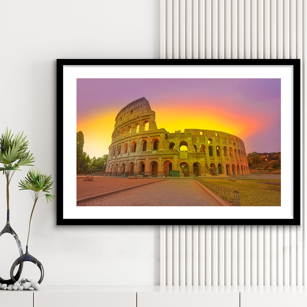 Amazing Sunrise at Rome Colosseum, Stadium Canvas, Sport Art, Gift for him, White Border Framed Art Print Wall Decor
