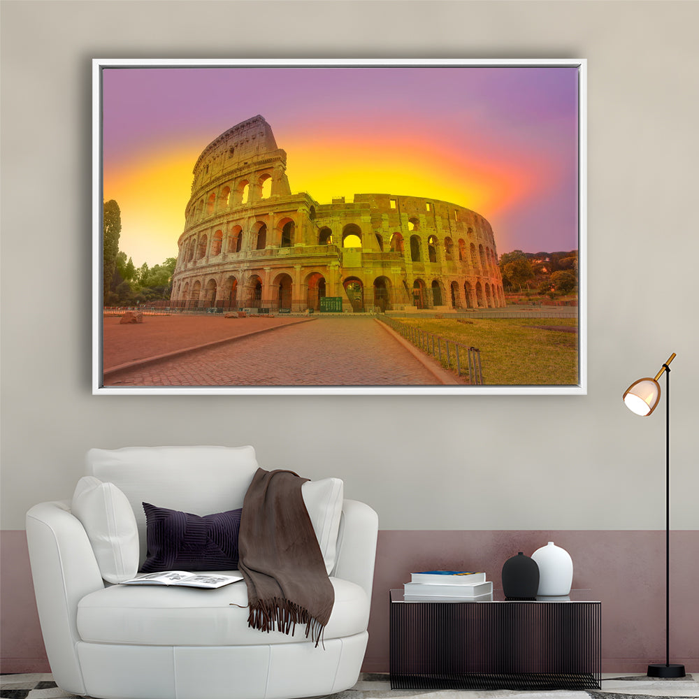 Amazing Sunrise at Rome Colosseum, Stadium Canvas, Sport Art, Framed Canvas Print Wall Art, Floating Frame