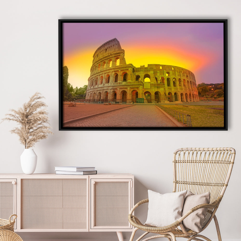 Amazing Sunrise at Rome Colosseum, Stadium Canvas, Sport Art, Framed Canvas Print Wall Art, Floating Frame