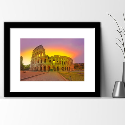 Amazing Sunrise at Rome Colosseum, Stadium Canvas, Sport Art, Gift for him, White Border Framed Art Print Wall Decor