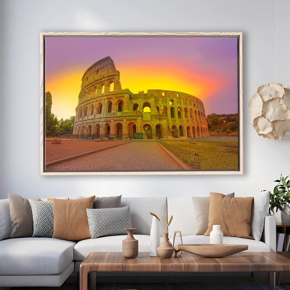 Amazing Sunrise at Rome Colosseum, Stadium Canvas, Sport Art, Framed Canvas Print Wall Art, Floating Frame