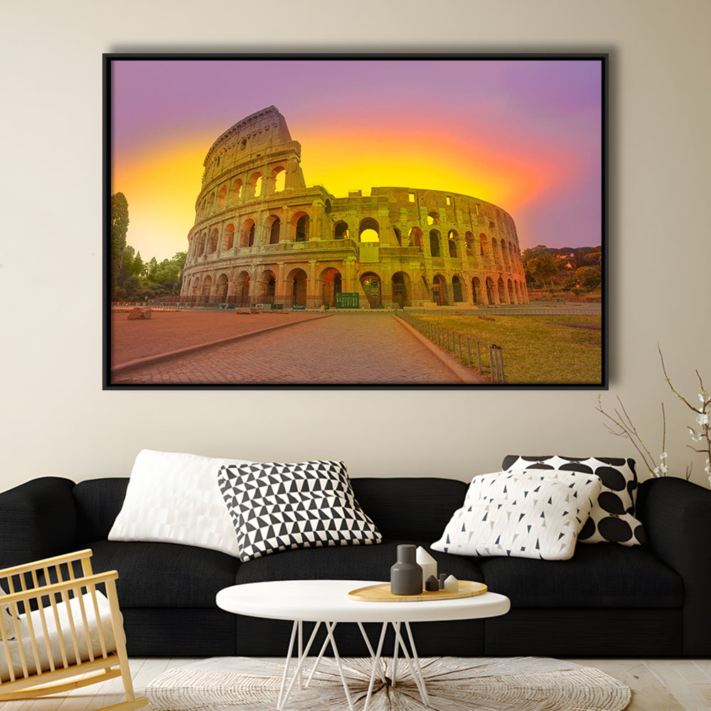 Amazing Sunrise at Rome Colosseum, Stadium Canvas, Sport Art, Framed Canvas Print Wall Art, Floating Frame