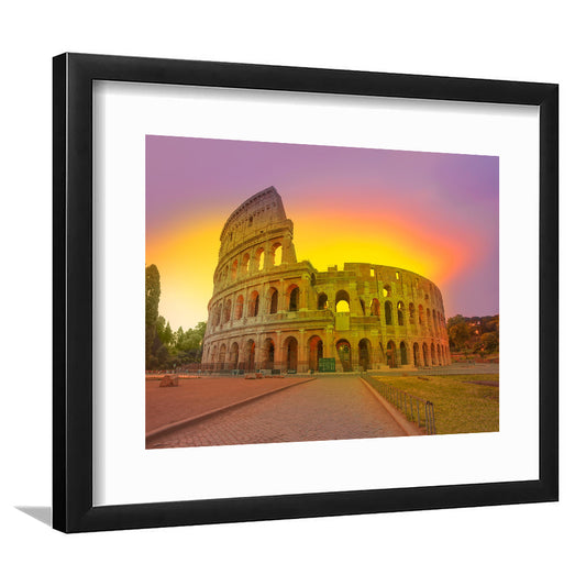 Amazing Sunrise at Rome Colosseum, Stadium Canvas, Sport Art, Gift for him, White Border Framed Art Print Wall Decor