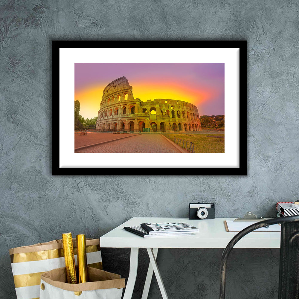 Amazing Sunrise at Rome Colosseum, Stadium Canvas, Sport Art, Gift for him, White Border Framed Art Print Wall Decor
