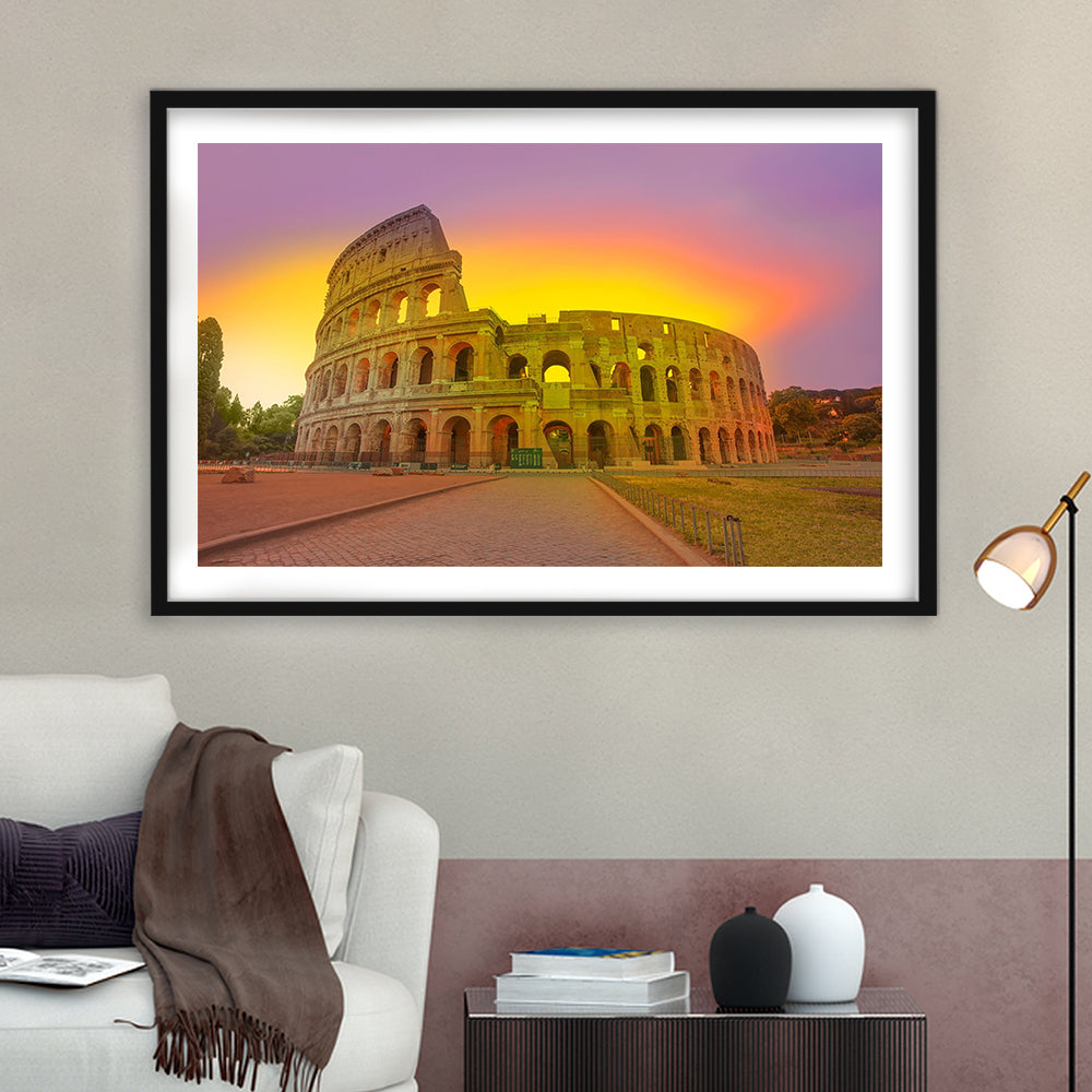 Amazing Sunrise at Rome Colosseum, Stadium Canvas, Sport Art, Gift for him, White Border Framed Art Print Wall Decor
