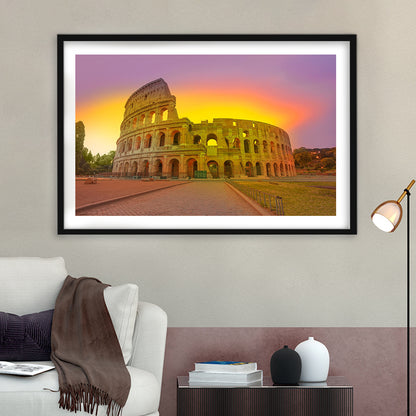Amazing Sunrise at Rome Colosseum, Stadium Canvas, Sport Art, Gift for him, White Border Framed Art Print Wall Decor
