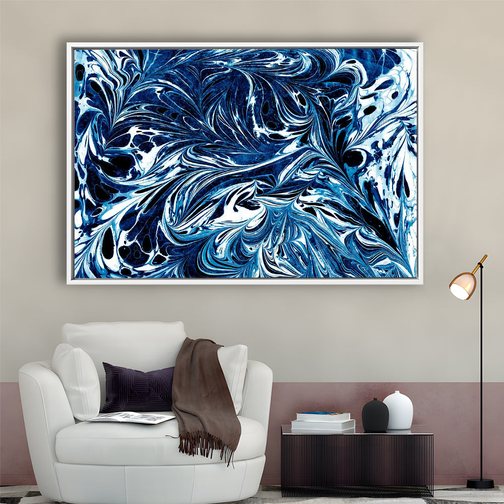 Amazing Dark Blue Abstract Art Blue Black White Abstract Print Marble Art, Framed Canvas Print Wall Art, Floating Frame