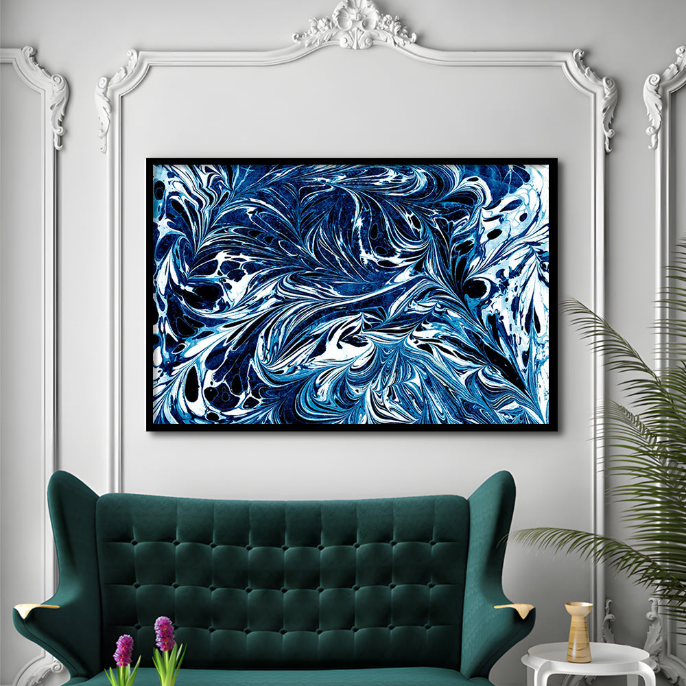 Amazing dark blue abstract art Blue black white abstract print marble art, Framed Art Print Wall Decor, Picture Framed