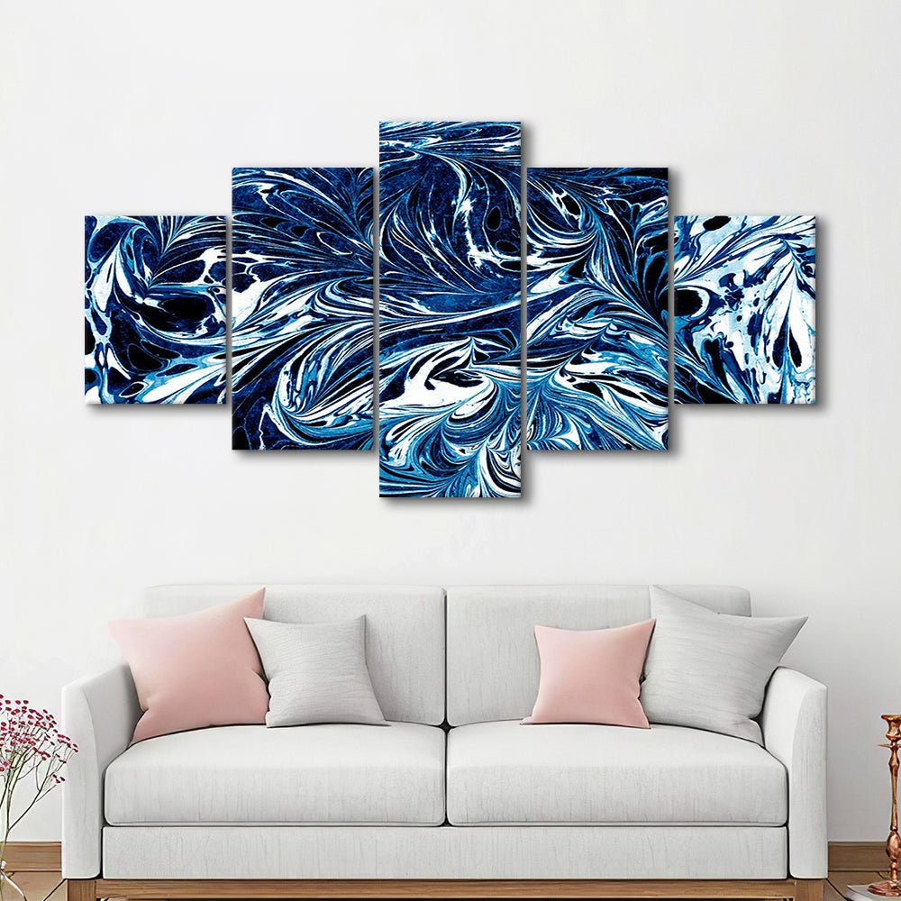 Amazing dark blue abstract art Blue black white abstract print marble art, 5 Panel Mixed Canvas Print Wall Art, Large Canvas