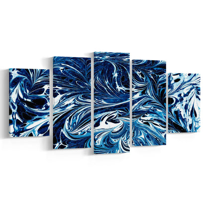 Amazing dark blue abstract art Blue black white abstract print marble art, 5 Panel Mixed Canvas Print Wall Art, Large Canvas