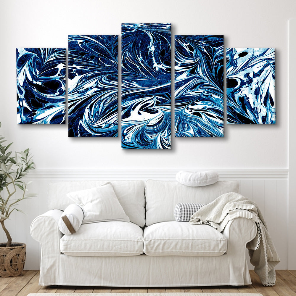 Amazing dark blue abstract art Blue black white abstract print marble art, 5 Panel Mixed Canvas Print Wall Art, Large Canvas