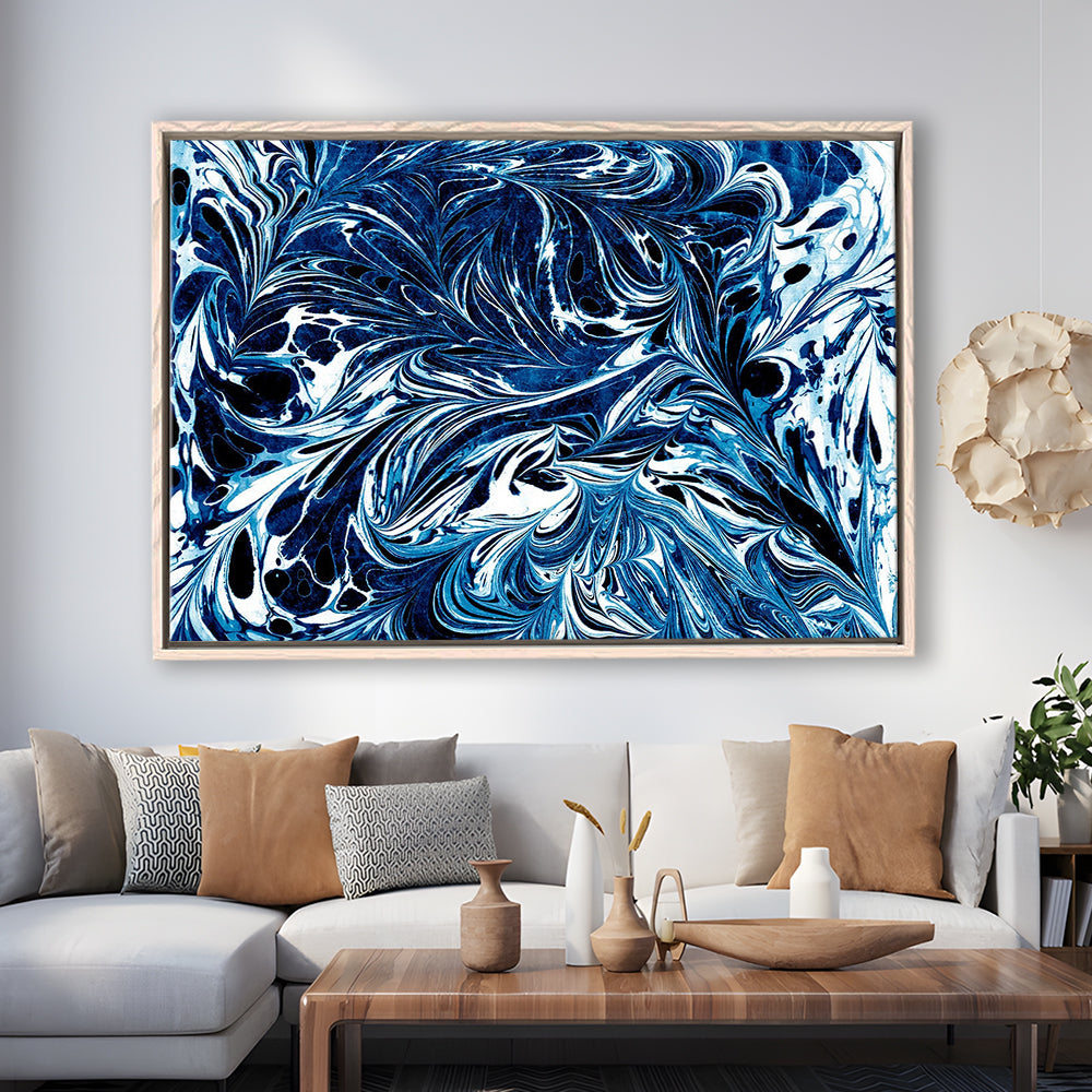 Amazing Dark Blue Abstract Art Blue Black White Abstract Print Marble Art, Framed Canvas Print Wall Art, Floating Frame