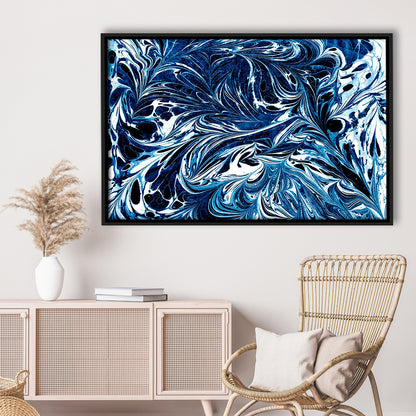 Amazing Dark Blue Abstract Art Blue Black White Abstract Print Marble Art, Framed Canvas Print Wall Art, Floating Frame
