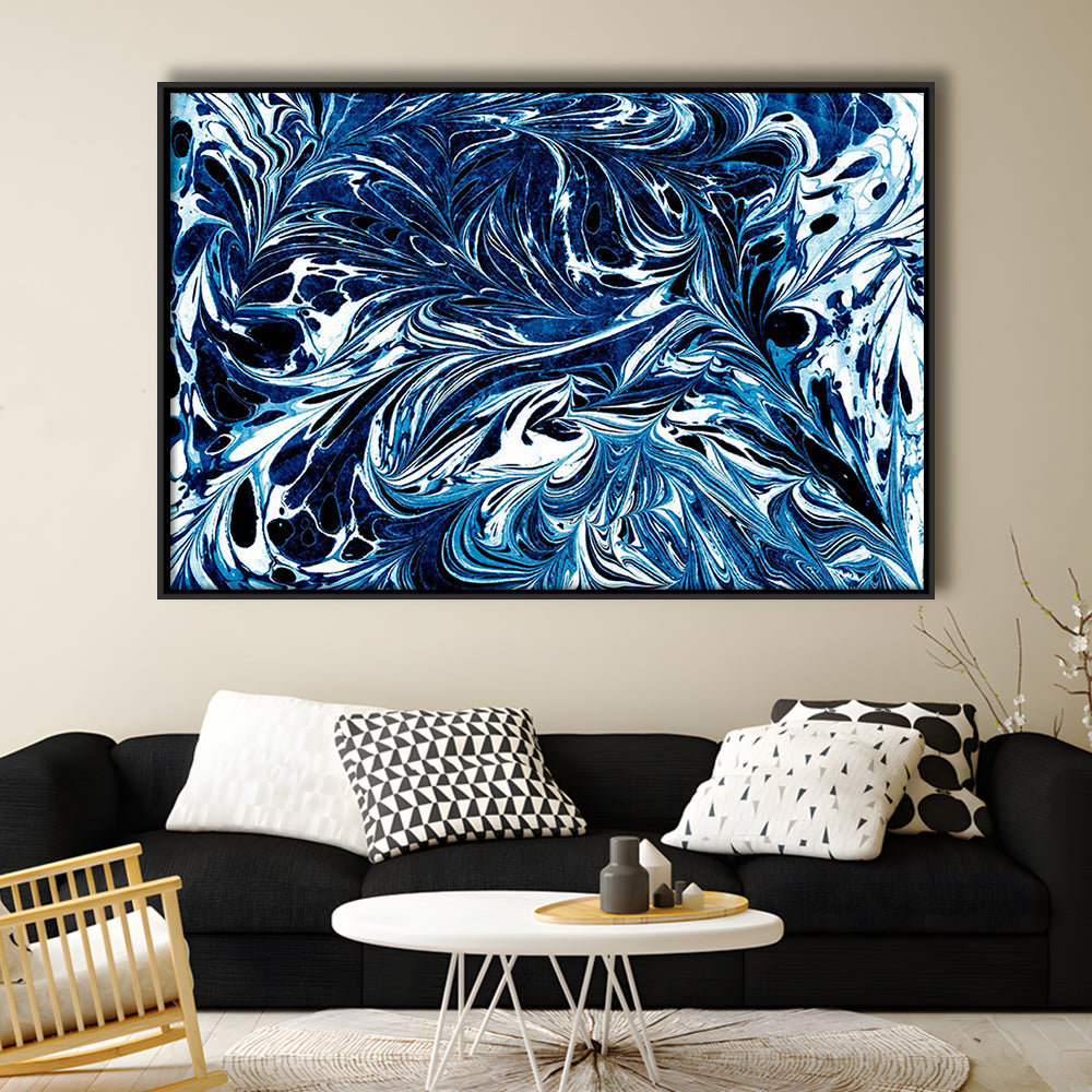 Amazing Dark Blue Abstract Art Blue Black White Abstract Print Marble Art, Framed Canvas Print Wall Art, Floating Frame