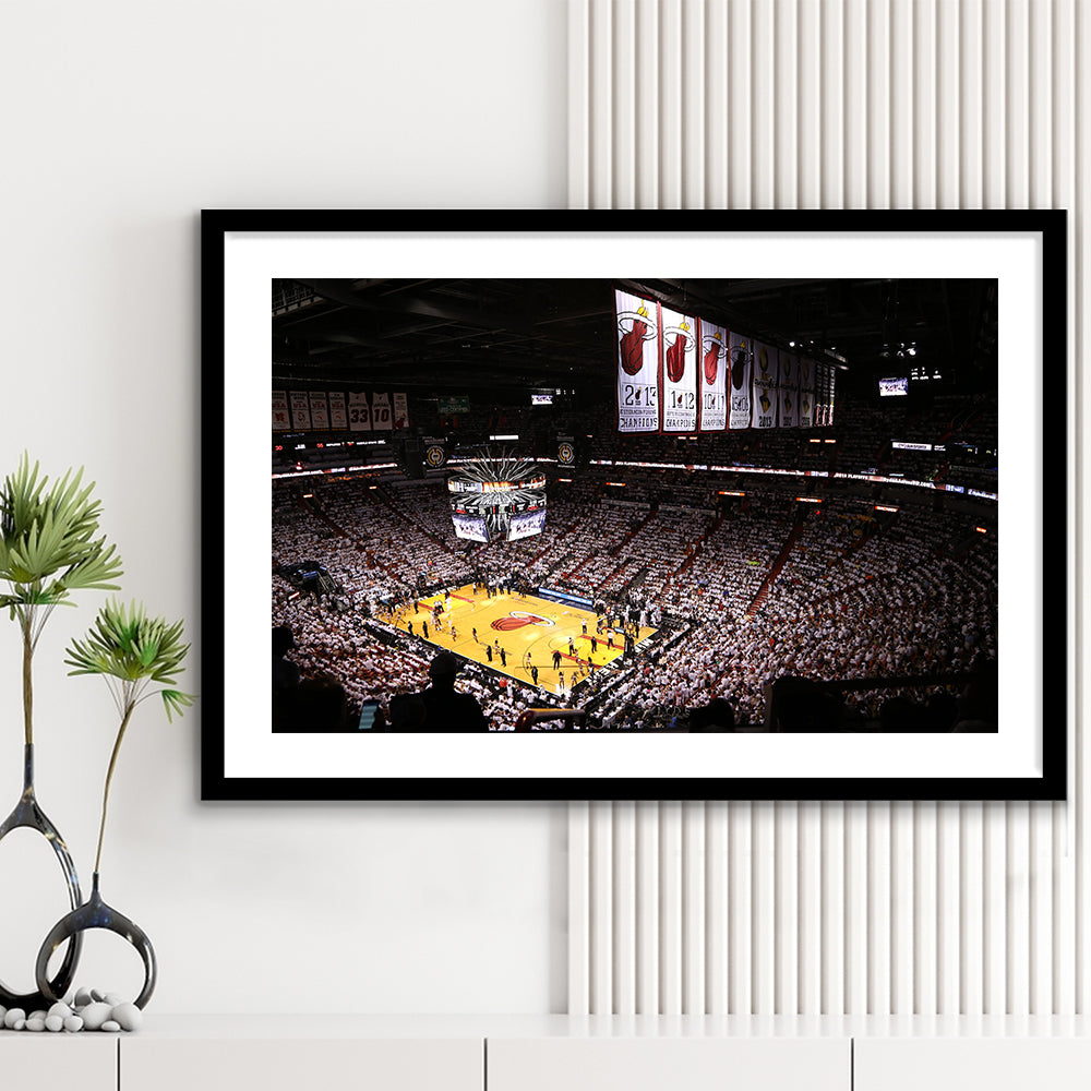 American Airlines Arena Inside, Stadium Canvas, Sport Art, Gift for him, White Border Framed Art Print Wall Decor