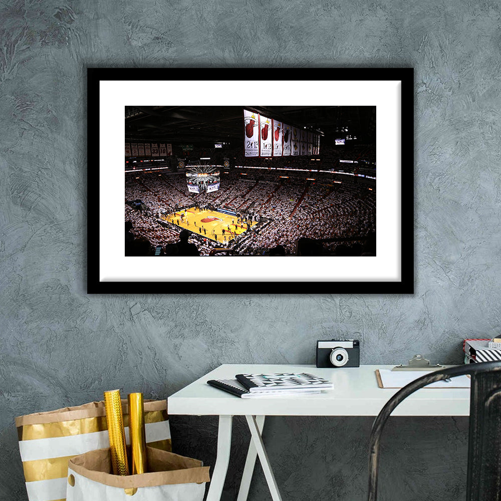 American Airlines Arena Inside, Stadium Canvas, Sport Art, Gift for him, White Border Framed Art Print Wall Decor