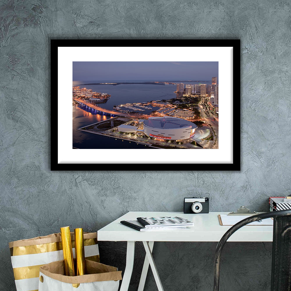 American Airlines Arena Night, Stadium Canvas, Sport Art, Gift for him, White Border Framed Art Print Wall Decor