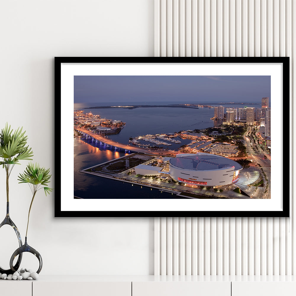 American Airlines Arena Night, Stadium Canvas, Sport Art, Gift for him, White Border Framed Art Print Wall Decor